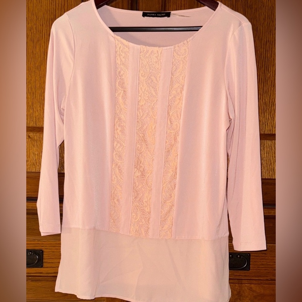 Ivanka Trump Blush Lace Panel 3/4 Sleeve Blouse Sheer Hem Professional Office